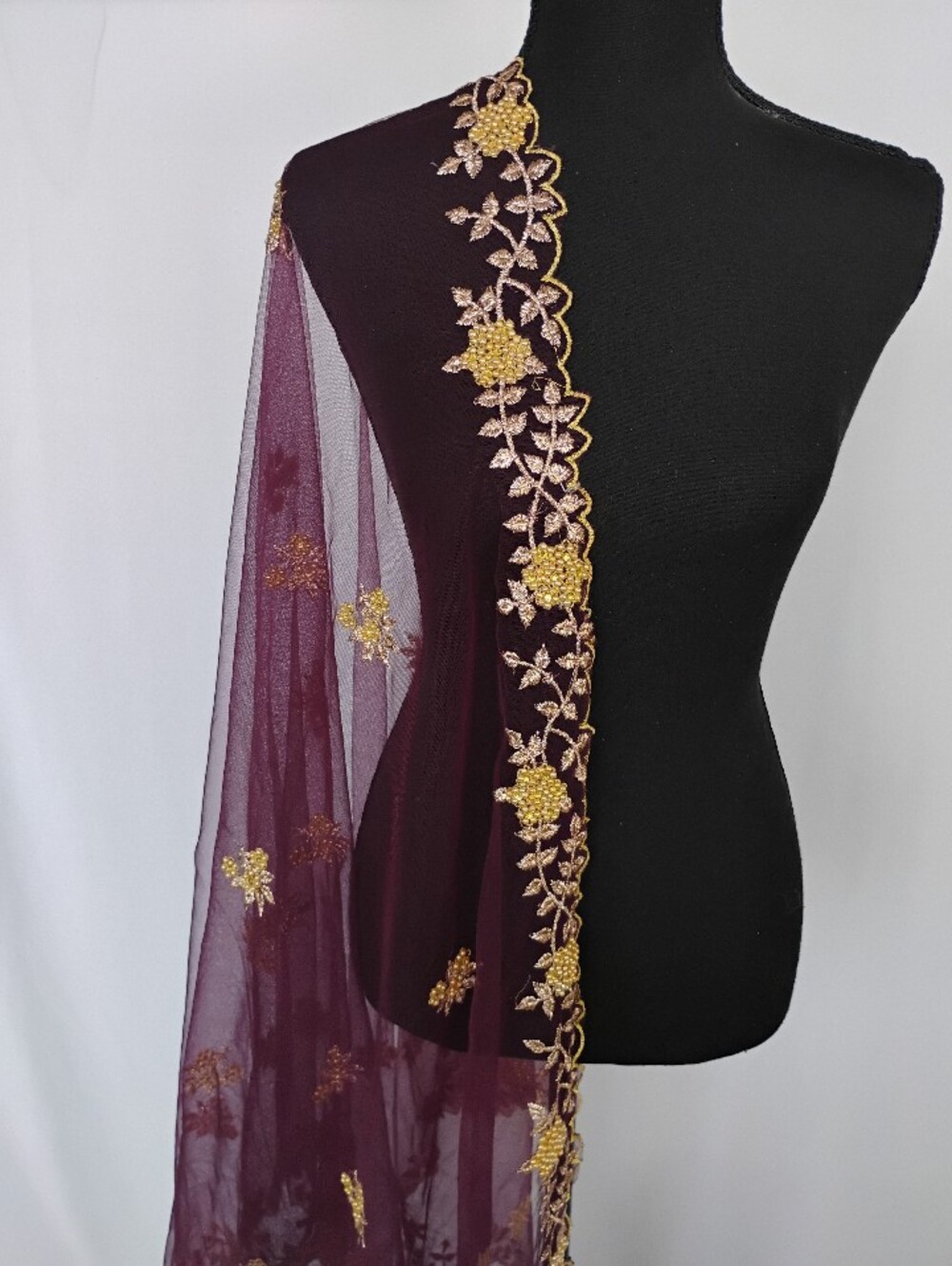 Net Wine  dupatta with gold embroidered cut work with small pearls